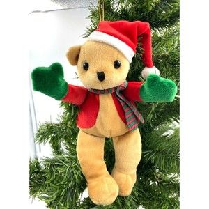 Vintage Plush Ornament Teddy Bear Christmas Stuffed 8" +